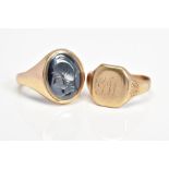 A 9CT GOLD HEMATITE SIGNET RING and one other, the hematite ring depicting a soldier in profile,