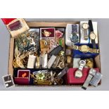 A BOX OF COSTUME JEWELLERY AND WATCHES, to include a stickpin, stamped 9ct, approximate weight 0.8