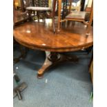 A VICTORIAN MAHOGANY CIRCULAR BREAKFAST TABLE on a triform base, diameter 128.5cm x height 71cm (sd)