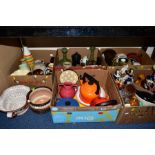FIVE BOXES AND LOOSE CERAMICS, GLASS, KITCHEN ITEMS ETC, to include Le Creuset orange kettle and