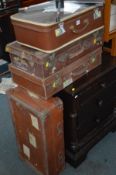 TWO LEATHER SUITCASES, 60cm x 15cm x 35cm deep and two other mid Century cases (sd) (4)