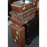 TWO LEATHER SUITCASES, 60cm x 15cm x 35cm deep and two other mid Century cases (sd) (4)