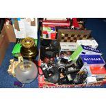TWO BOXES AND LOOSE SUNDRY ITEMS, to include modern brass oil lamp, diecast vehicles, boxed Mitre