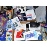 TWO BOXES OF SPORTING MEMORABLIA, etc, to include EURO 1996 Corporate British Telecom memorabilia,