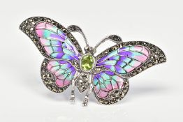 A PLIQUE-A-JOUR BUTTERFLY PENDANT/BROOCH, designed with an oval peridot body, purple, green and pink