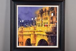 PETER J RODGERS (BRITISH CONTEMPORARY) 'LAMPS ON THE BRIDGE II', a winter townscape, signed bottom