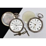 TWO STERLING SILVER OPEN FACED POCKET WATCHES, both with white dial, Roman numeral markers and