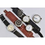 A MIXED GROUP OF FIVE WRIST WATCHES AND WATCH HEADS, one silver Dennison cased example, the others