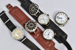 A MIXED GROUP OF FIVE WRIST WATCHES AND WATCH HEADS, one silver Dennison cased example, the others