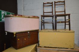 A PAINTED VICTORIAN BLANKET BOX, width 92cm x depth 50cm x height 48cm together with a wicker