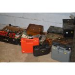 TWO TRAYS OF VARIOUS HAND TOOLS together with an engineers chest, four cased electric hand tools and