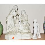A LARGE PARIAN WARE FIGURE GROUP, Jesus (?) seated by well talking to maiden, height 39cm,