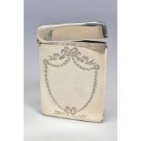 AN EDWARDIAN SILVER CARD CASE OF RECTANGULAR FORM, engraved with ribbons and swags in the shape of a