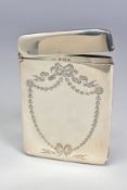 AN EDWARDIAN SILVER CARD CASE OF RECTANGULAR FORM, engraved with ribbons and swags in the shape of a