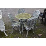 A CIRCULAR SILVER GROUND ALUMINIUM GARDEN TABLE, diameter 69cm x height 69cm and four matching