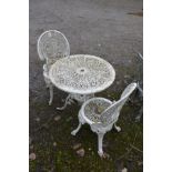 A CIRCULAR WHITE GROUND ALUMINIUM GARDEN TABLE, diameter 69cm x height 69cm and two matching