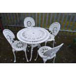 A CIRCULAR WHITE GROUND ALUMINIUM GARDEN TABLE, diameter 81cm x height 69cm and four matching chairs