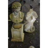A COMPOSITE GARDEN HEAD STATUE OF DAVID, on a separate plinth, height 91cm, together with a