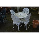 A CIRCULAR WHITE GROUND ALUMINIUM GARDEN TABLE, diameter 68cm and four matching chairs (5)