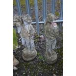 A COMPOSITE GARDEN FIGURE OF A SEMI CLAD WOMAN, together with a garden figure of a gent (2)