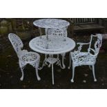 A CIRCULAR WHITE GROUND ALUMINIUM GARDEN TABLE, diameter 81cm x height 67cm, two matching chairs,