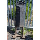 A HEAVY CAST IRON TRIANGULAR TAPERED MIDLANDS MILE POST, reading London 130, Alfreton 9 1/2,