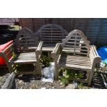 A SLATTED TEAK THREE PIECE GARDEN BENCH SET, comprising a three seater bench, width 196cm and two