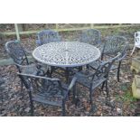 A MODERN ALUMINIUM BLACK GROUND CIRCULAR GARDEN TABLE, diameter 120cm x height 74cm and six