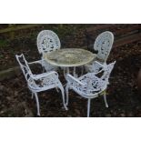 A WHITE PAINTED ALUMINIUM CIRCULAR GARDEN TABLE, diameter 69cm, together with a pair of matching