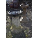 A COMPOSITE OCTAGONAL BRICK EFFECT BIRD BATH, height 62cm, together with a composite columned bird