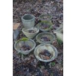 A SET OF SIX PANCHEON STYLE GARDEN PLANTERS, diameter 46cm, together with another garden planter (