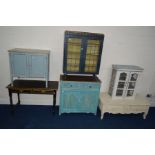 SIX VARIOUS PAINTED FURNITURE to include a sideboard, side table with two drawers, bookcase,