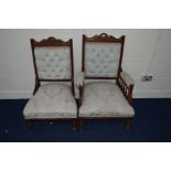 A PAIR OF EDWARDIAN LADIES AND GENTS PARLOUR CHAIRS