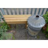 AN ANGLED TREATED PINE GARDEN BENCH, length 107cm and a modern galvanised garden waste burner, width