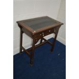 AN ARTS & CRAFTS OAK SIDE TABLE, with a black leather insert top and a single drawer, width 76cm x