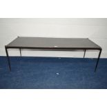 A MID 20TH CENTURY RECTANGULAR BLACK FORMICA TOPPED COFFEE TABLE, on metal frame with cylindrical