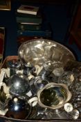 A BOX OF CHROME PLATED TEAWARES, SILVER PLATED WARES, bakelite egg cups, etc and a quantity of cased