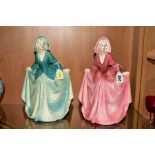 TWO HERTWIG & CO KATZHUTTE PORCELAIN FIGURES, both of lady holding skirt wearing a bonnet, one in