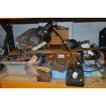 A QUANTITY OF OLD HAND TOOLS, lamps, wooden boxes and a sash clamp
