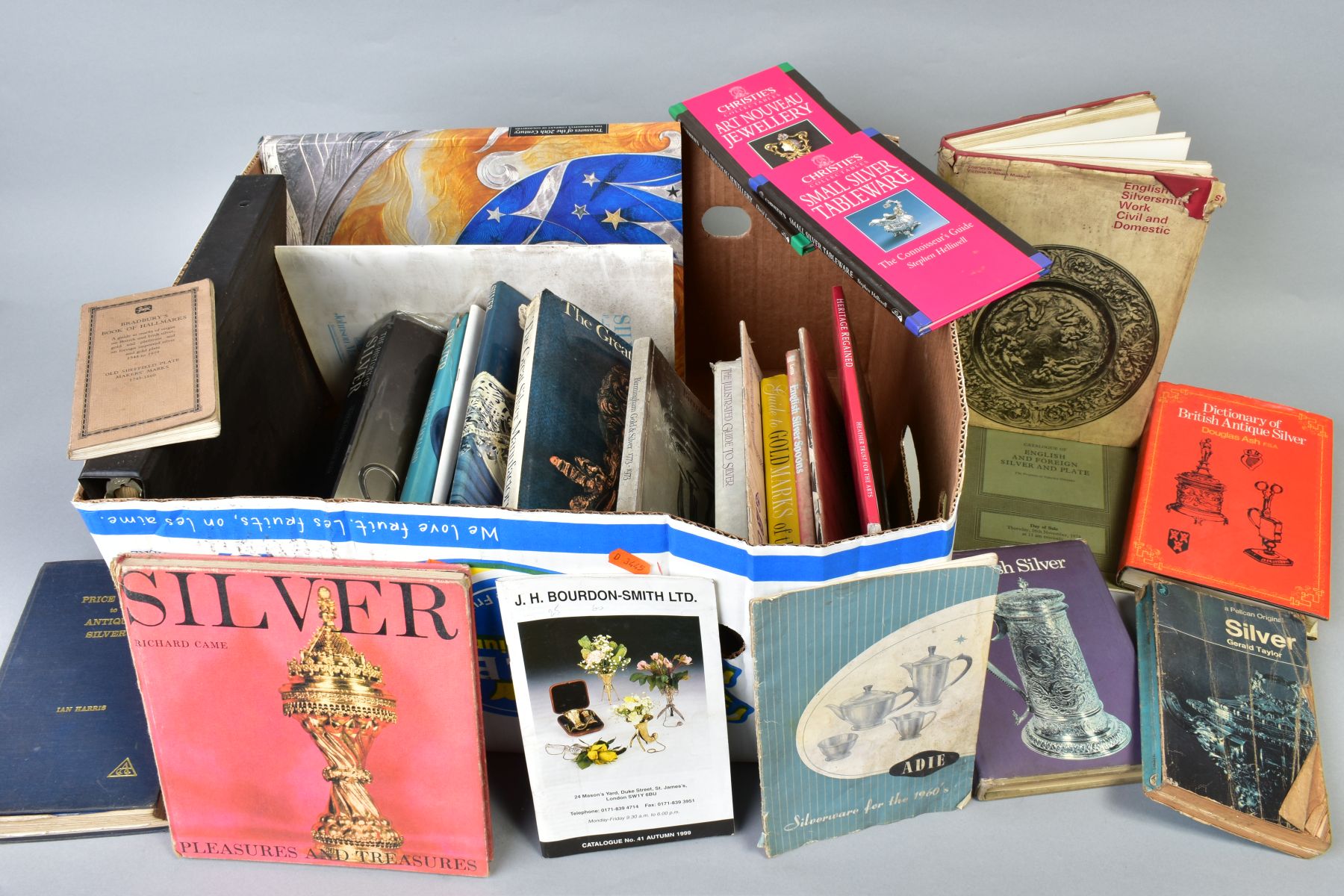 A BOX OF BOOKS AND CATALOGUES ETC RELATING TO SILVER AND GOLD, including Birmingham Gold and
