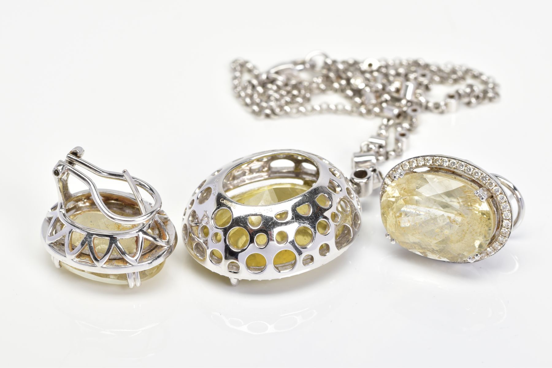 AN 18CT WHITE GOLD, CITRINE AND DIAMOND PENDANT AND MATCHING EARRINGS, the pendant designed as a - Image 5 of 5