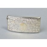 AN EDWARDIAN SILVER CARD CASE OF BOWED RECTANGULAR FORM, hinged top, foliate engraved, circular belt