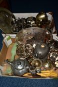 TWO BOXES OF SILVER PLATE, etc including tea wares, fish eaters, trays, a Mappin & Webb candle