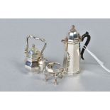 AN ELIZABETH II MINIATURE SILVER SPIRIT KETTLE ON STAND AND HOT WATER JUG, both of octagonal form,