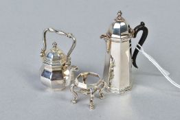 AN ELIZABETH II MINIATURE SILVER SPIRIT KETTLE ON STAND AND HOT WATER JUG, both of octagonal form,