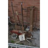 A VINTAGE IRON SACK TRUCK, square section post hammer, a 11/2 ton trolley jack, a tray of sockets,