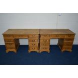 TWO MODERN PINE PEDESTAL DESKS, with nine drawers, width 127cm x depth 63cm x height 77cm (s.d.) (