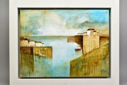 KEITH ATHAY (BRITISH CONTEMPORARY), 'White Houses on The Cliffs VI', a coastal harbour scene, signed