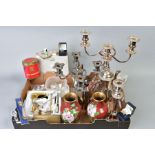 A BOX OF MISCELLANEOUS ITEMS, to include two plated candelabras, a plated candlestick, a plated
