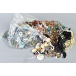 A LARGE BAG OF COSTUME JEWELLERY, to include imitation pearls, bead necklaces, earrings, bracelets